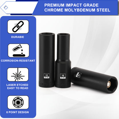 13pcs 3/8" Drive Magnetic Impact Socket Set, 6 Point, CR-MO, Deep, Metric, 7Mm, 8Mm, 9Mm, 10Mm, 11Mm, 12Mm, 13Mm, 14Mm, 15Mm, 16Mm, 17Mm, 18Mm, 19Mm, with Storage Rails, Connect The Impact Tool to Use, Tight Connection