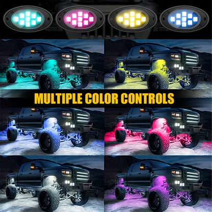 RGB LED Rock Lights Kit 9-LED Pods Sound-Activated App & Remote Control Multicolor Underglow Neon for Trucks SUVs Pickups Off-Road Vehicles 4 6 8 10pcs