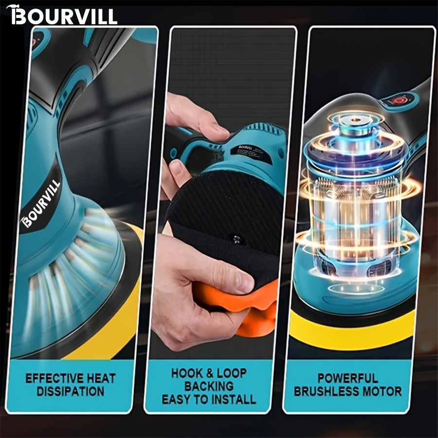 BOURVILL Cordless Car Polisher, Car Polishing Kit, with Battery, 8 Gears, up to 5000 RPM, 5-inch Grinding Screen Button, for Car Detailing/scratch Removal