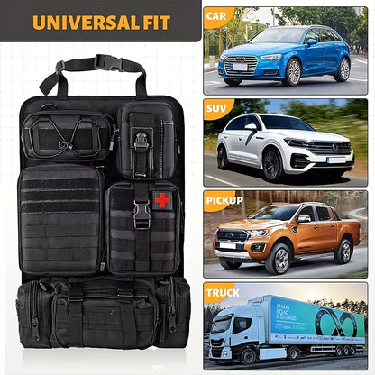 Car Seat Back Organizer with 5 MOLLE Pouches – Truck SUV Jeep Vehicle Panel Storage + 6 Keychains