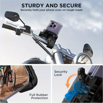Motorcycle Phone Mount Bike Phone Holder – Quick Lock, Camera-Friendly, Universal Handlebar Clamp for iPhone Samsung 4–7" Phones, Scooter & Bicycle
