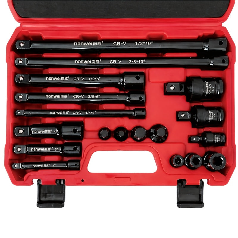 [18pcs Socket Set] NANWEI 18pcs Socket Extension Bar Set Includes Extension Bars, Socket Adapters And Impact Driver Bit Connectors. Made of Premium Cr-V Steel. Professional 1/4", 3/8" And 1/2" Drive Set, Ideal for Home Decoration And Mechanical Fastening