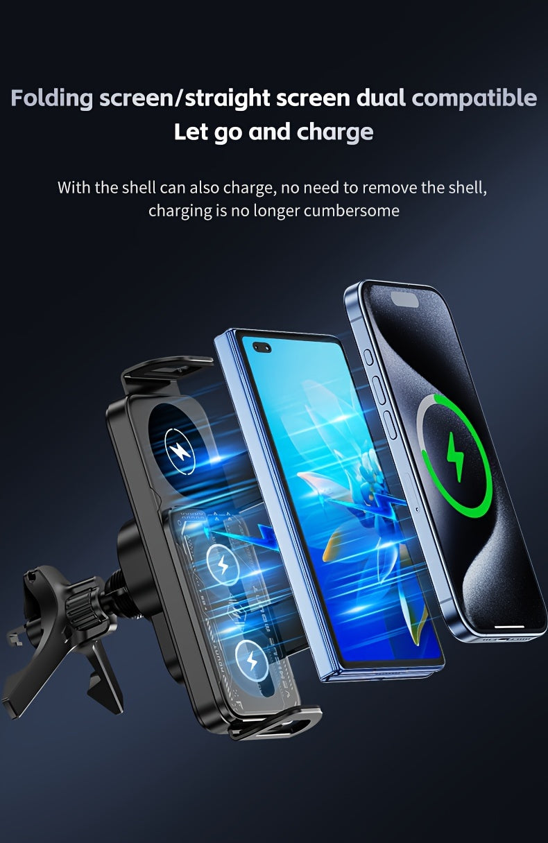 Wireless Charging Phone Holder Car Mount for Folding Screen/Universal Smartphone, 90° Rotating Car Mount Output Power 15W, Super Stable Air Vent Cell Phone Car Mount with Hook Clip, One Button Release for iPhone, Samsung, Google, and Other Smartphone