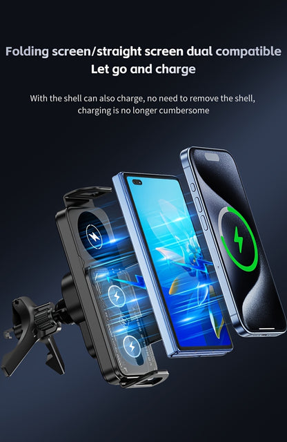 Wireless Charging Phone Holder Car Mount for Folding Screen/Universal Smartphone, 90° Rotating Car Mount Output Power 15W, Super Stable Air Vent Cell Phone Car Mount with Hook Clip, One Button Release for iPhone, Samsung, Google, and Other Smartphone