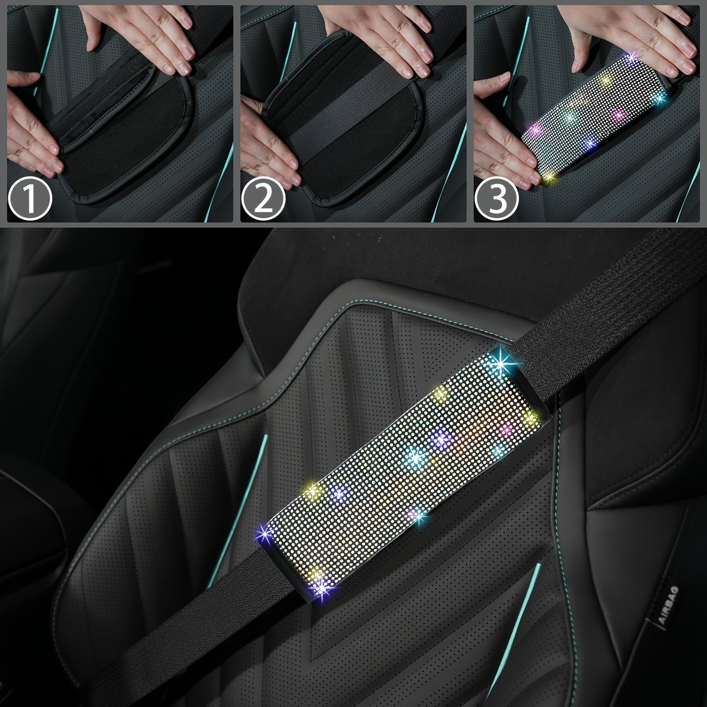 Set of 8 Sparkly Car Additions for Women, Including a Glittery Steering Wheel Cover, Shiny Car Coasters, Belt Shoulder Pads, Ring Emblem Sticker, And Gear Shift Cover