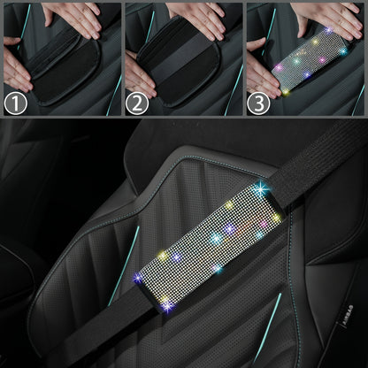 Set of 8 Sparkly Car Additions for Women, Including a Glittery Steering Wheel Cover, Shiny Car Coasters, Belt Shoulder Pads, Ring Emblem Sticker, And Gear Shift Cover