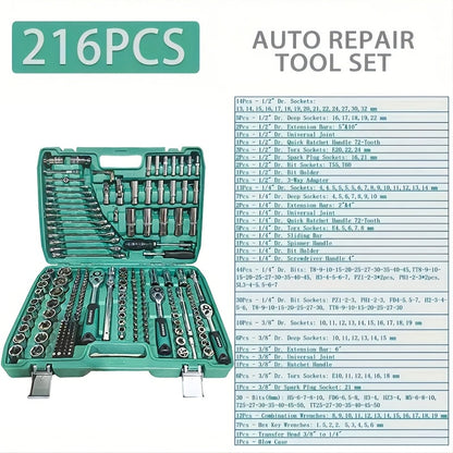 High End Professional 216 Tool Set, 1/4" 3/8" 1/2" Drive Depth And Standard Sleeves, Ratchet Wrench Set, S2 And CR-V Sleeves, Automotive Parts Repair Quick Ratchet Wrench And Other Automotive Repair Parts, Professional Racing Grade Repair Tool Set