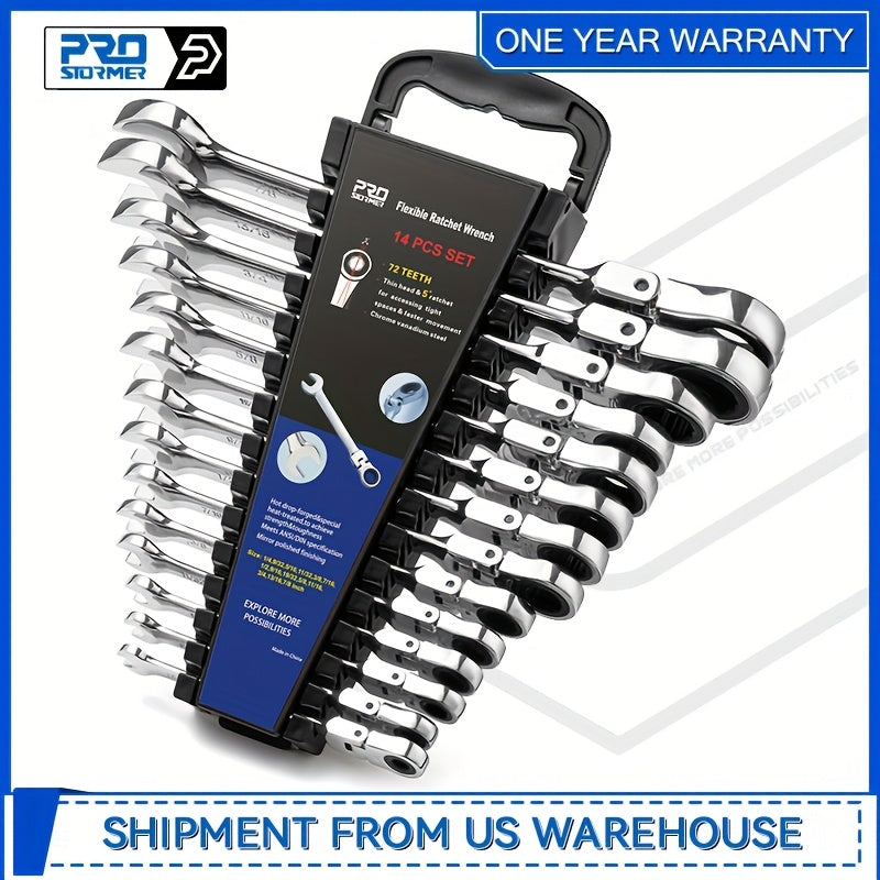 Professional 14-PCS SAE Flex Head Ratcheting Wrench Set - 1/4" To 7/8" Chrome Vanadium Steel With Organizer Rack - For Automotive & Mechanical Repair