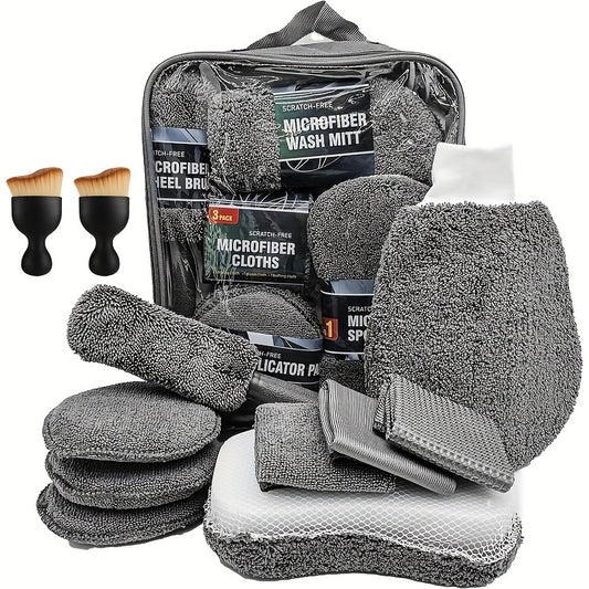 A Car Cleaning Set with 11 Items, Featuring Tire Brushes, Microfiber Gloves, Thick Absorbent Pads for Scratch Removal, And Detail Sponges Suitable for Both The Inside And Outside of The Vehicle