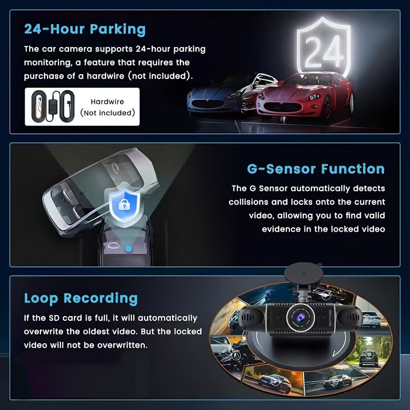 FHD 1080P 3/4-Channel 360° Car Dashcam, WIFI, IR Night Vision, Loop Recording, Car DVR Recorder, 3.0" IPS Screen, Rechargeable Battery 180Mah, 12-24V Car Plug, Optional 32GB Memory Card (Black), Car Parts/ Car Dashboard Camera/ Christmas Gift/