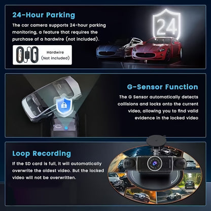 FHD 1080P 3/4-Channel 360° Car Dashcam, WIFI, IR Night Vision, Loop Recording, Car DVR Recorder, 3.0" IPS Screen, Rechargeable Battery 180Mah, 12-24V Car Plug, Optional 32GB Memory Card (Black), Car Parts/ Car Dashboard Camera/ Christmas Gift/