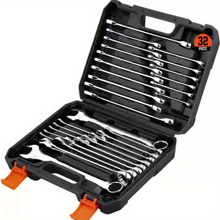32pcs Combination Wrenches Featuring Both Box And Open Ends, Suitable for Standard Sizes in SAE And Metric Ranging from 1/4" to 1" And 7Mm to 22Mm, Made from Chrome Vanadium Steel And Comes with a Case