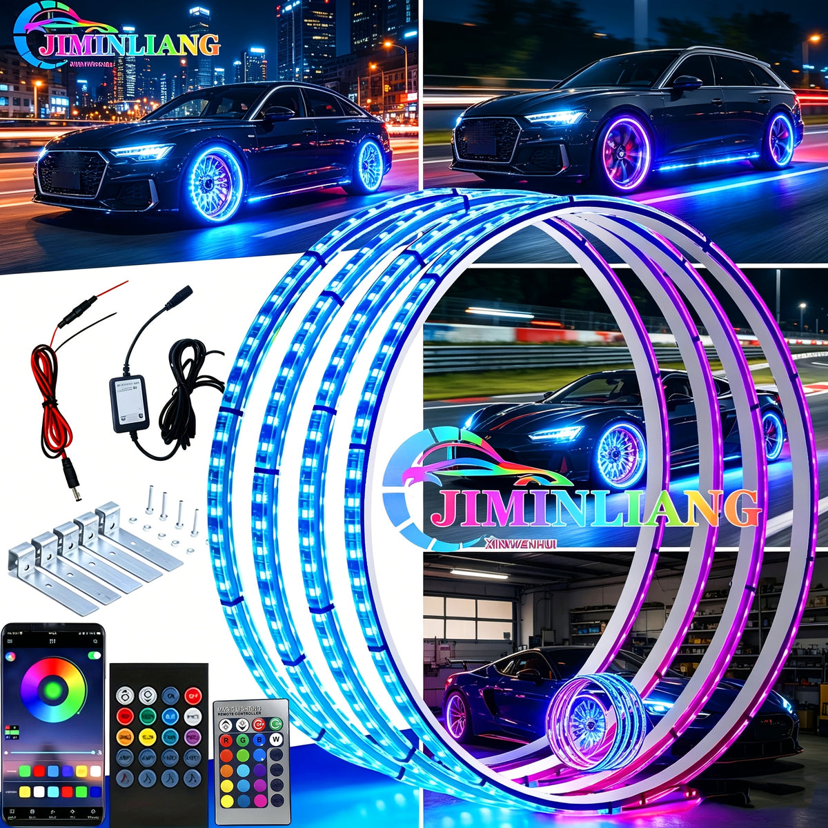LED Wheel Ring Lights with Remote Control – 7-Color Flashing Modes, Car Rim Light Kit for Truck SUV Pickup Offroad Vehicle, USB LED Strip Option