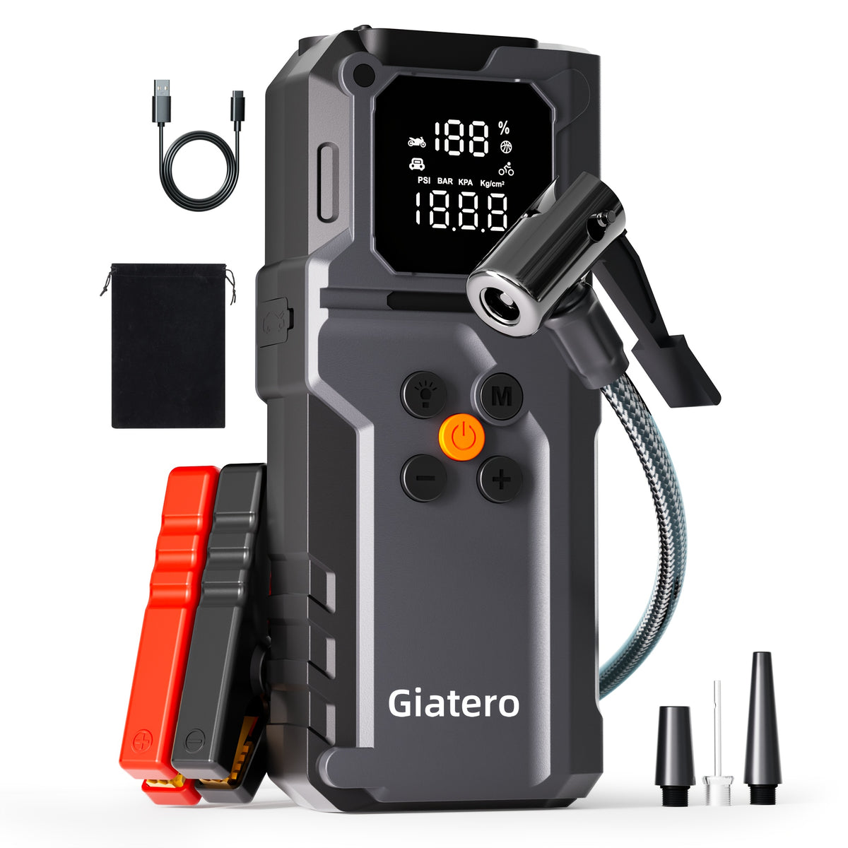 Jump Starter with Air Compressor 10000A 160PSI, 8000mAh Portable Battery Pack for Gas 3.7G & Diesel 3.17G, USB-C QC3.0, 3-Mode Flashlight, Large Display — Giatero Q27