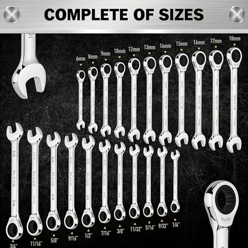 33pcs Combination Ratchet Wrench Set, SAE And Metric Sizes, 72-Tooth Gear Design, CR-V Steel, Adjustable, Manual Operation for Car Maintenance (Includes 22 Ratcheting Wrenches, 4 Adapters, And 6 Screwdriver Bits, And 1 Storage Case)