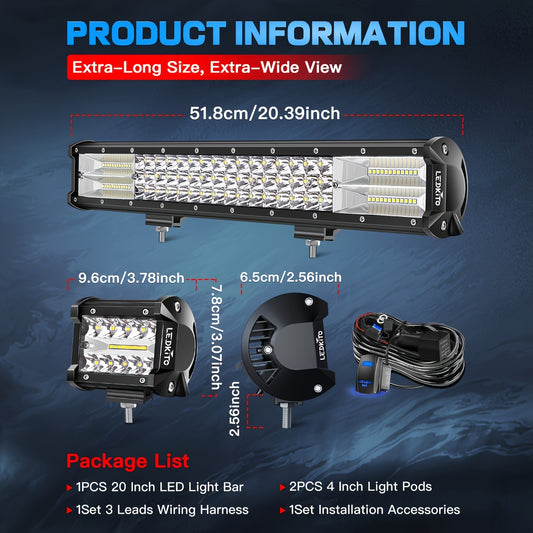 20inch LED Light Bar+ 4inch Led Work Light Kit With Switch On/ Off Wiring Harness Kit Relay Fuse, Led Off Road Light DC12-24V, For Trucks ATV UTV Boat Crane Excavator Forklift Courtyard Road( White), Without Battery