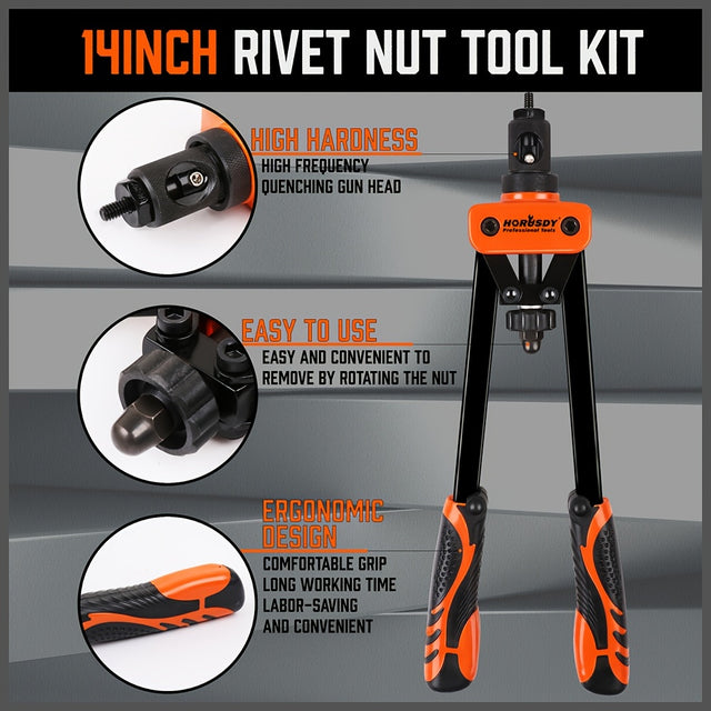 14-Inch Hand Rivet Nut Tool Kit – 7 Mandrels (M6 M8 M10 / 1/4-20 5/16-18 3/8-16), 70pcs Rivet Nuts, Chrome Steel, Carrying Case Included