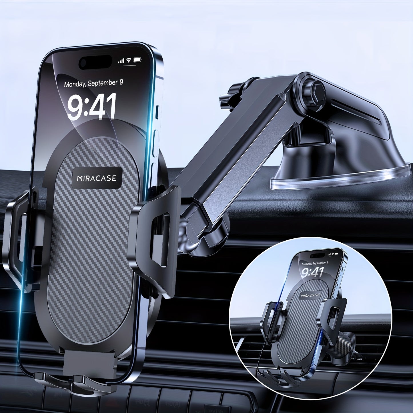 Miracase 3-in-1 Car Phone Mount - Super Suction Dashboard & Air Vent Holder With Telescopic Arm, Adjustable Cradle For All Phones, Quick Release, Durable Metal Hooks, Holiday Gift, Black.