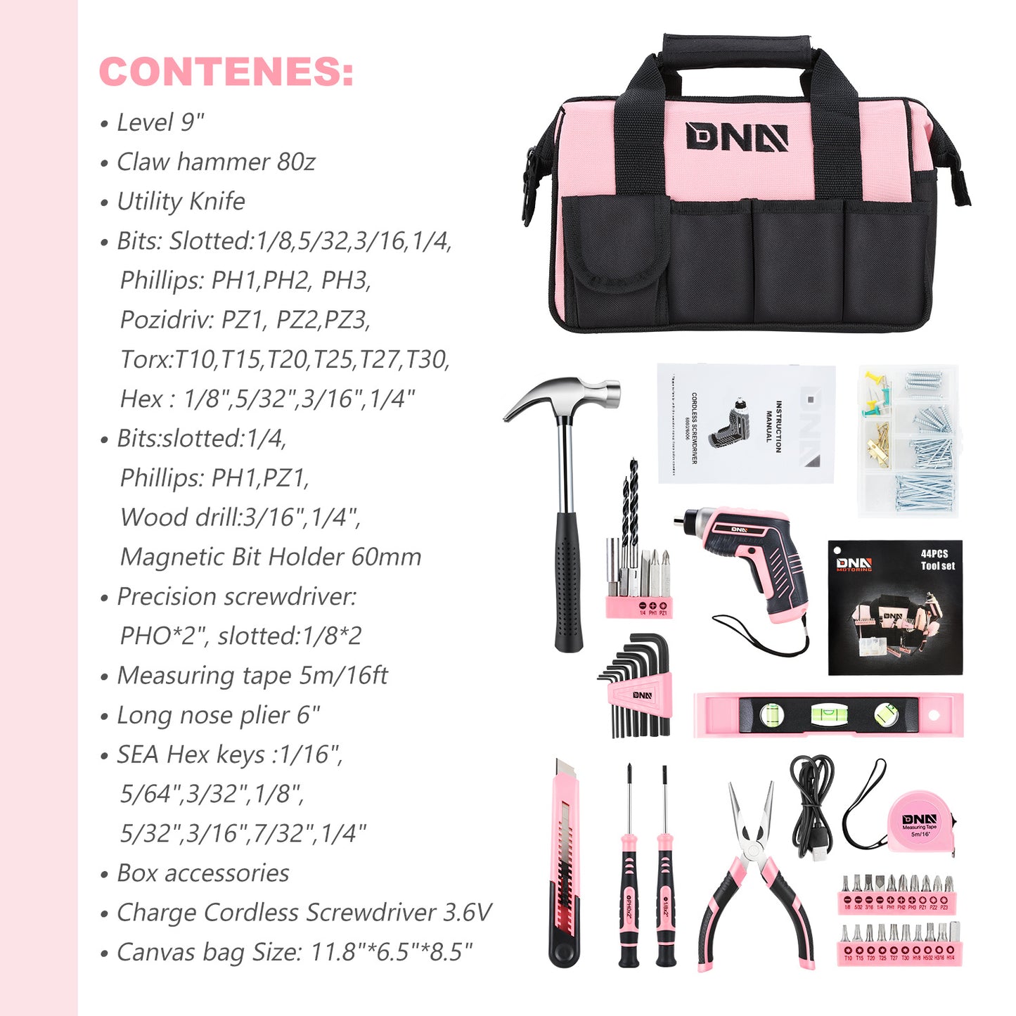 44-Piece Tool Set - Cordless Screwdriver and Household Tool Kit with Canvas Storage Bag for DIY Home Repairing, Gift for Women Girls Ladies