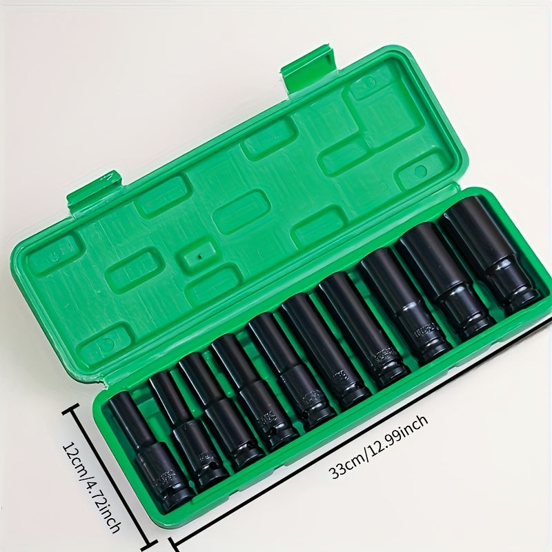 1/2-Inch Deep Impact Socket Set with Sturdy Green Storage Case, Pneumatic& Electric Drill Compatible, Ideal for Tire Removal, Mechanical Repair& Auto Maintenance