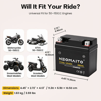 HEOMAITO 6MG5L-YTX5L 12V 5Ah Sealed Battery, Maintenance-Free Power, for AGM, Motorcycle CTX5L Battery for Honda YUASA for Yamaha ETX5L-B