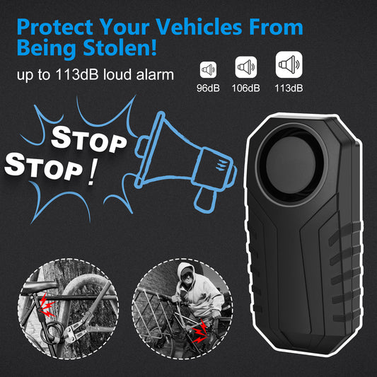 Bike Alarm Anti Theft with Remote, Motorcycle Alarm, 113dB Bike Alarm for Motorcycle Moped Scooter Adjustable Volume Sensitivity Universal Remote Strap for All Handlebar Sizes, Bike Alarm System, Motorcycle Security, Scooter Protection, Easy Installation,