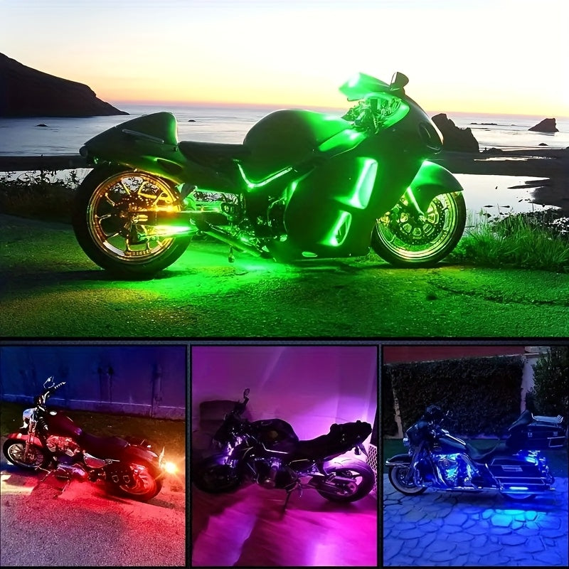The RGB Motorcycle Light Strip Features Six Installation Points, Operates on 12V, And Includes a Mobile App And Sound Effects, Making It a 6-In-1 Decorative Atmosphere Light for Motorcycles, Without Battery