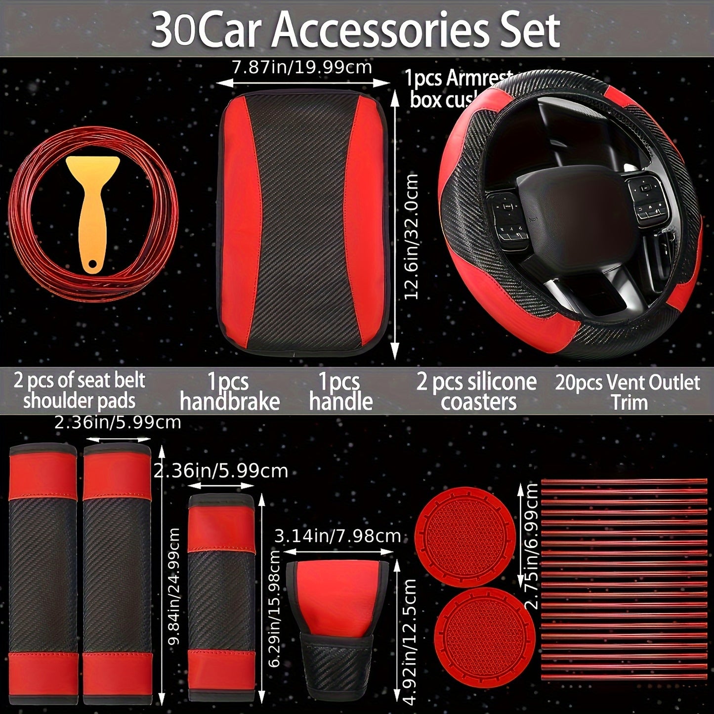 30pcs PU, Carbon Fiber Car Steering Wheel Cover, Car Air Outlet Decorative Strip Simple and Easy to Install, Universal Model