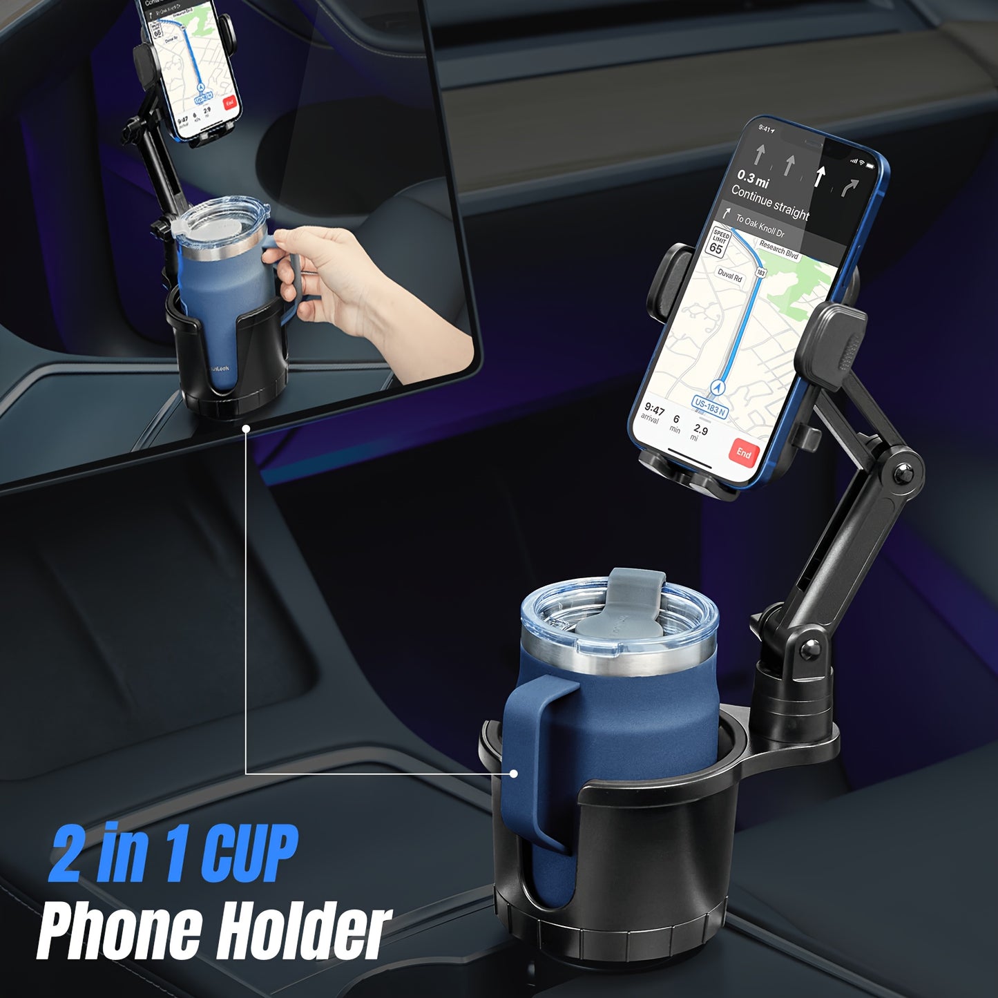 [2-In-1 Cup Phone Holder] Car Cup Holder Phone Mount, Upgraded 2-In-1 Car Cup Phone Holder Expander with Adjustable Base, 360-Degree Rotation, Cup Phone Holder for Car Compatible with Iphone, Samsung & All Smartphones