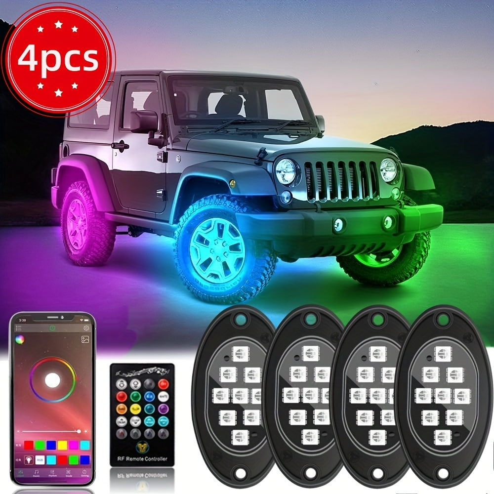 RGB LED Rock Lights With App/Remote Control & Timing & Music Mode Rock Lights For Trucks, Rock Light Kits For ATV RZR UTV SUV Off Road Motorcycle, Without Battery