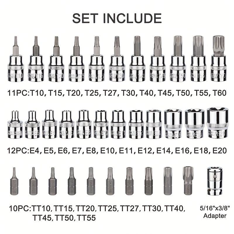 34/34+12pcs 3/8'' Drive Torx Star Bit Sockets CR-V E-Socket Set, E4-20, T10-60, Tamper Proof Set TT10-TT55, 5/16"F to 3/8"M Adapter with Storage Case,S2 Steel, Ideal for Car,Trucks,Home Improvement