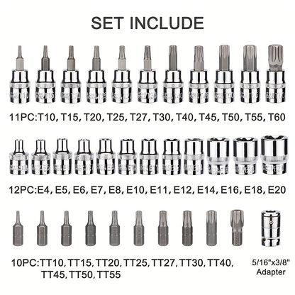 34/34+12pcs 3/8'' Drive Torx Star Bit Sockets CR-V E-Socket Set, E4-20, T10-60, Tamper Proof Set TT10-TT55, 5/16"F to 3/8"M Adapter with Storage Case,S2 Steel, Ideal for Car,Trucks,Home Improvement