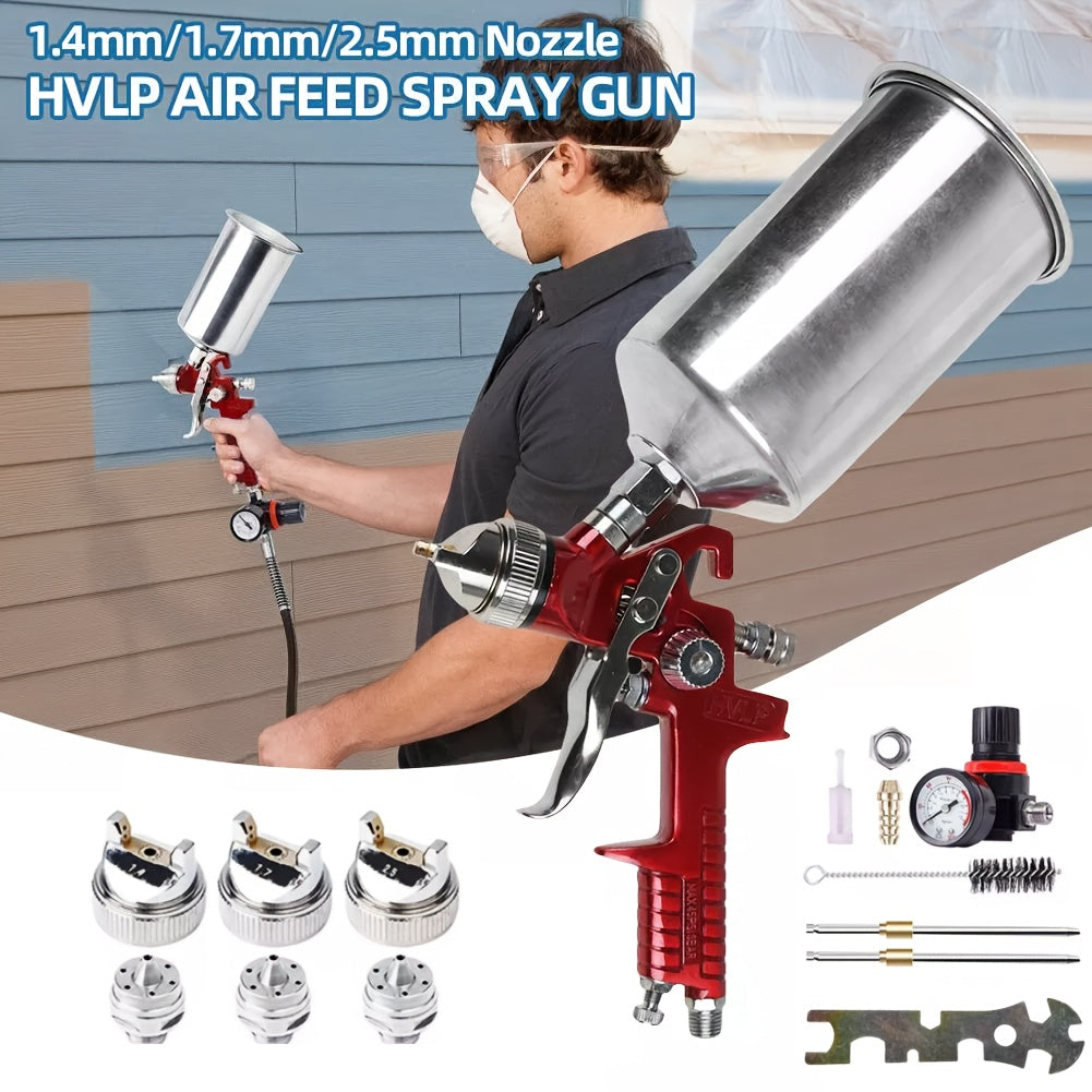 Set of High-Efficiency HVLP Gravity Feed Spray Guns Featuring 1.4, 1.7, And 2.0MM Nozzles, Complete with a 1000Cc Aluminum Cup, Suitable for Automotive Painting, Wall Applications, Base Layers, Clear Coats, And Touch-Ups (In Red)
