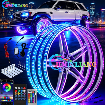 LED Wheel Ring Lights with Remote Control – 7-Color Flashing Modes, Car Rim Light Kit for Truck SUV Pickup Offroad Vehicle, USB LED Strip Option