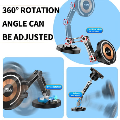 Magnetic Car Mount with 15W Fast Charging, 360° Rotation, Universal Compatibility, Foldable Stand, and Super Magnetic Attraction for Most Smartphones, Without Battery