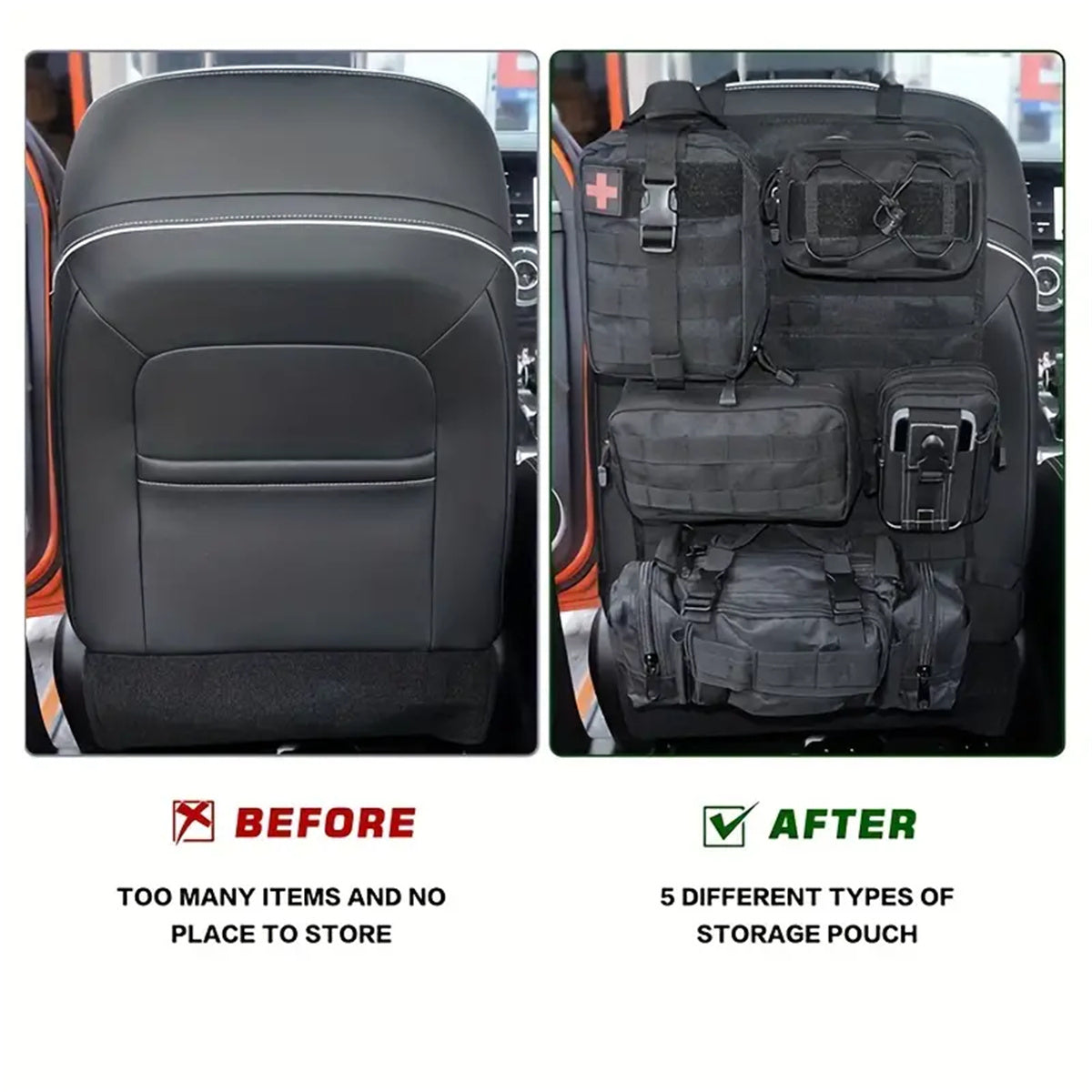 6pcs Set - Heavy-Duty MOLLE Tactical Car Seat Organizer Pouch with Adjustable Fasteners and Thickened Back Panel - Suitable for Jeeps, Trucks, SUVs - Premium Vehicle Storage System, Durable Nylon Bag for Gear, First Aid, and Tools - Car Trunk Lid