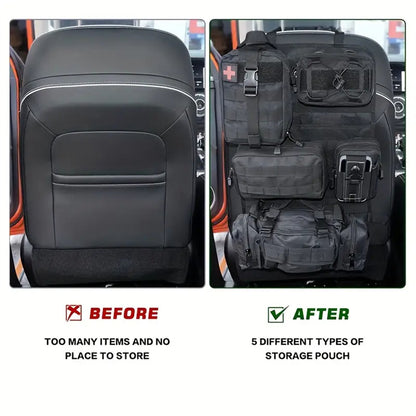6pcs Set - Heavy-Duty MOLLE Tactical Car Seat Organizer Pouch with Adjustable Fasteners and Thickened Back Panel - Suitable for Jeeps, Trucks, SUVs - Premium Vehicle Storage System, Durable Nylon Bag for Gear, First Aid, and Tools - Car Trunk Lid