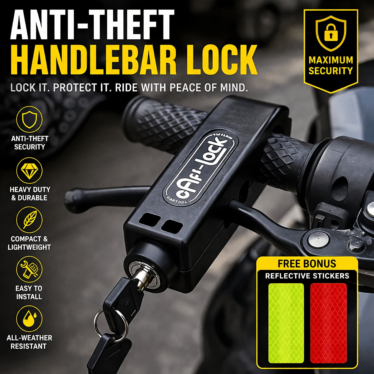 Anti-Theft Bike Lock Motorcycle Handlebar Lock, Heavy Duty ABS Portable Bicycle Lock for Scooter E-Bike, Compact Lightweight Security Lock with Reflective Strips