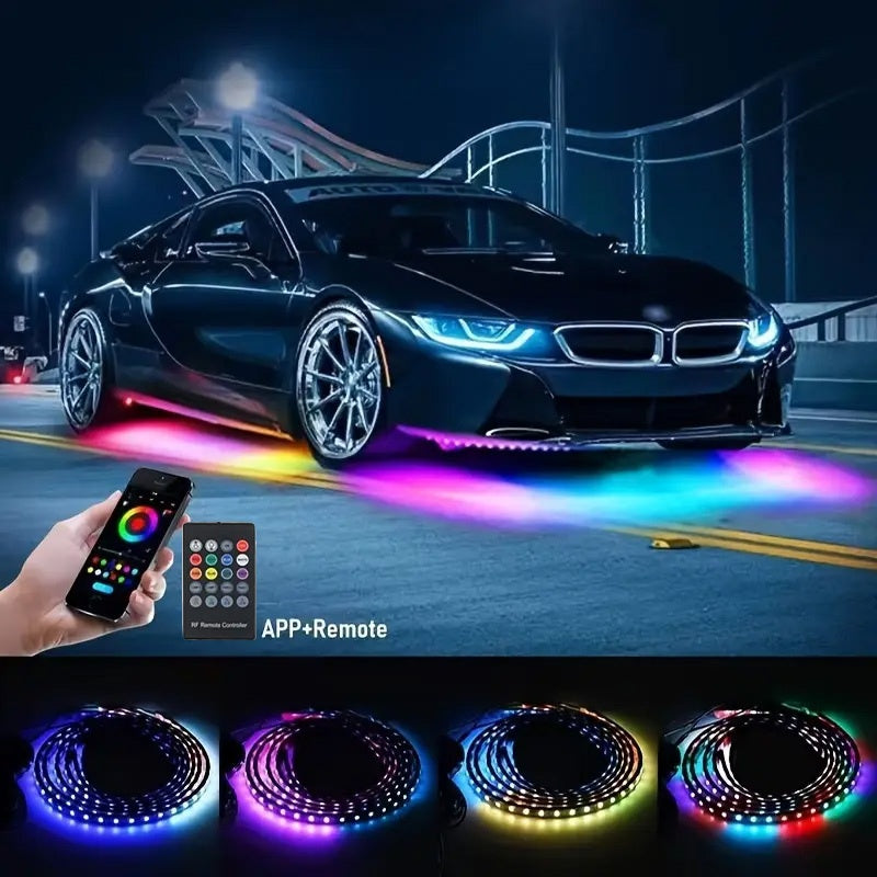 4pcs Colorful Automotive LED Chassis Light Strip, Remote APP Dual Control Ambient Neon Light Kit, DC12V, 16 Million Colors Available, Cool And Eye-Catching at Night, Suitable for Cars, Pickup Trucks, Suvs, Etc., Let Every Journey, All Dazzling