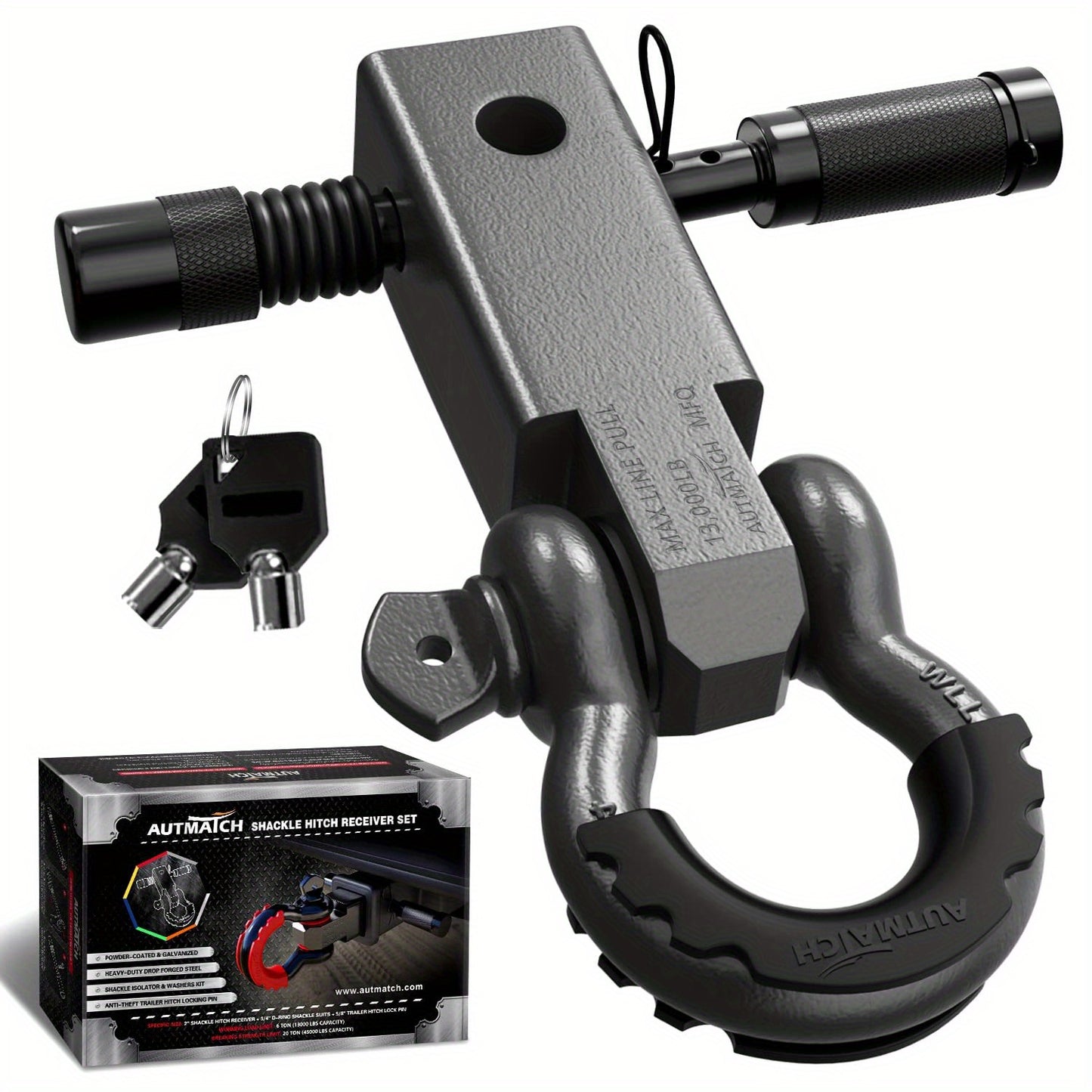 AUTMATCH 2-Inch Heavy Duty Shackle Hitch Receiver Kit - 45,000 lbs Break Strength, High-Strength Drop-Forged Towing System with Lock Pin & D-Ring Shackle for Truck,, RV, ATV, Boat Recovery ( Fit)