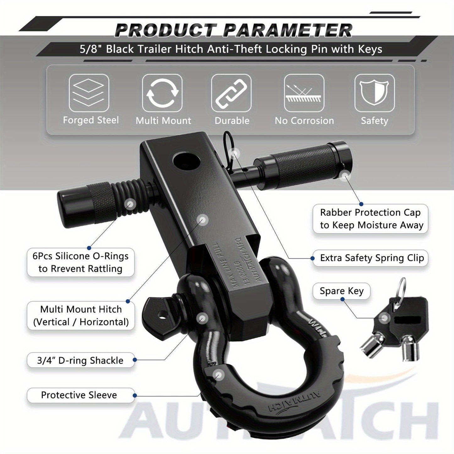 AUTMATCH 2-Inch Heavy Duty Shackle Hitch Receiver Kit - 45,000 lbs Break Strength, High-Strength Drop-Forged Towing System with Lock Pin & D-Ring Shackle for Truck,, RV, ATV, Boat Recovery ( Fit)