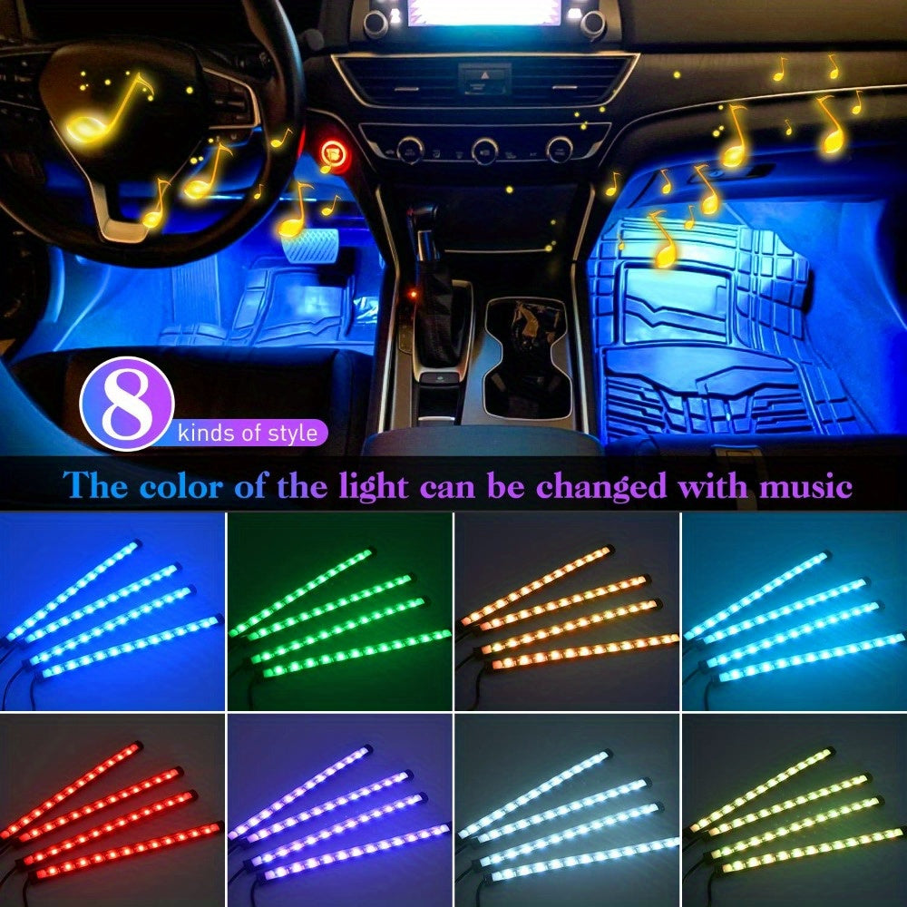 Car LED Strip Light 48 LED RGB Interior Ambient Lighting Kit 4-in-1 Under Dash USB Powered App & Remote Control Multi-Color Multi-Mode