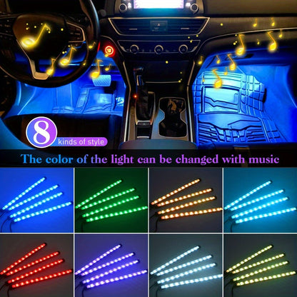 Car LED Strip Light 48 LED RGB Interior Ambient Lighting Kit 4-in-1 Under Dash USB Powered App & Remote Control Multi-Color Multi-Mode