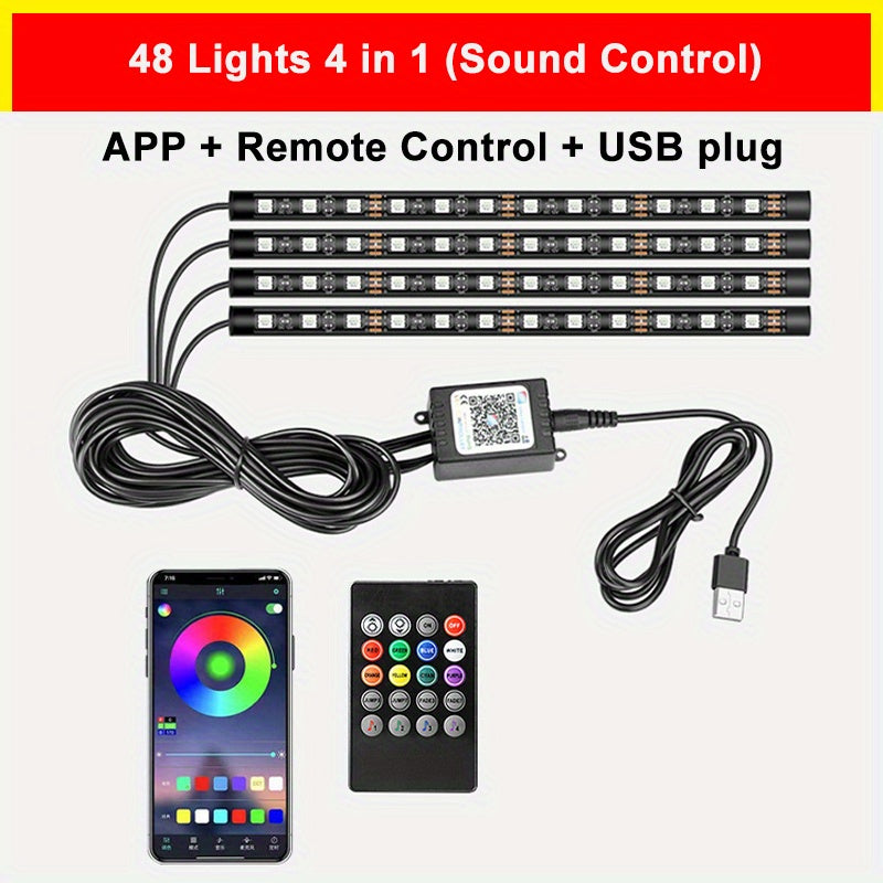 Car LED Strip Light 48 LED RGB Interior Ambient Lighting Kit 4-in-1 Under Dash USB Powered App & Remote Control Multi-Color Multi-Mode