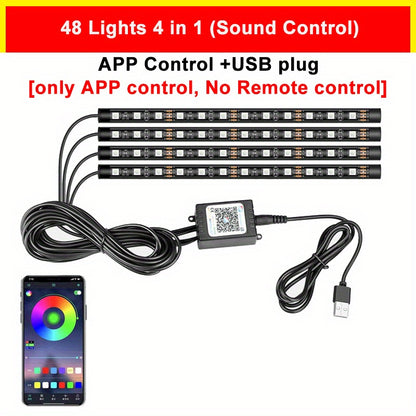 Car LED Strip Light 48 LED RGB Interior Ambient Lighting Kit 4-in-1 Under Dash USB Powered App & Remote Control Multi-Color Multi-Mode