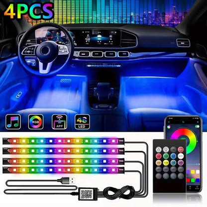 Car LED Strip Light 48 LED RGB Interior Ambient Lighting Kit 4-in-1 Under Dash USB Powered App & Remote Control Multi-Color Multi-Mode