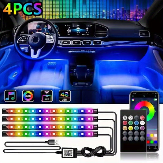 [LED Strip Light] Car LED Strip Light, 4 In 1 48 LED Multi-Color Car Interior Ambient Lights Under Dash Lighting Kit With Multi-Mode Change And USB Wireless APP Remote Control, Car Decorative Lights, Without Battery