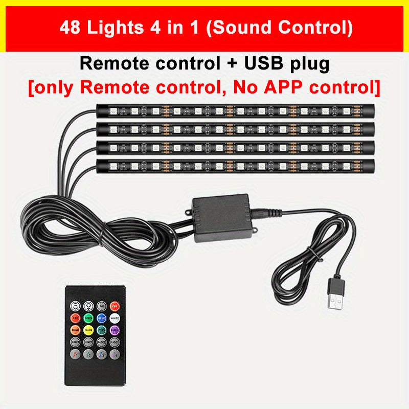 Car LED Strip Light 48 LED RGB Interior Ambient Lighting Kit 4-in-1 Under Dash USB Powered App & Remote Control Multi-Color Multi-Mode