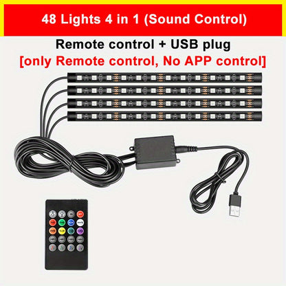 Car LED Strip Light 48 LED RGB Interior Ambient Lighting Kit 4-in-1 Under Dash USB Powered App & Remote Control Multi-Color Multi-Mode