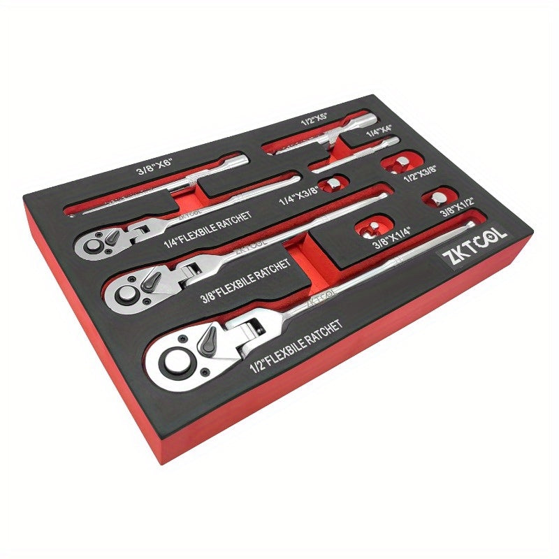 10pcs Flex Head Ratchet Set, 1/ 4", 3/ 8", 1/ 2" Drive, Swivel Head Ratchet Wrench with Extension Bar